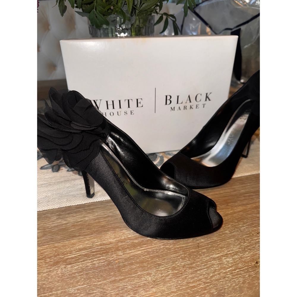 White House Black Market Black‎ Heels Flower Peep Toe Evening Party Shoes 7M